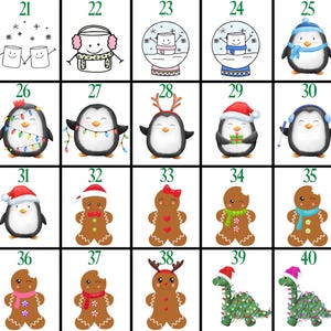 May include: A set of 40 Christmas-themed illustrations featuring penguins, gingerbread people, snowmen, and dinosaurs. Each illustration is numbered from 21 to 40.