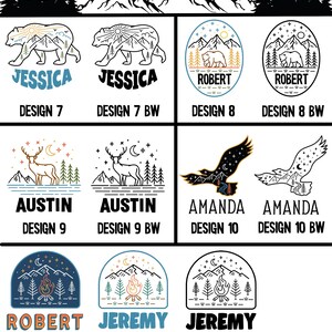 K&ouml;nnte beinhalten: Ein Set mit 11 verschiedenen Designs f&uuml;r ein personalisiertes Logo zum Thema Berge und Natur. Die Designs zeigen einen B&auml;ren, einen Hirsch, einen Adler und ein Lagerfeuer mit Bergen und Sternen im Hintergrund. Die Designs sind in Farbe und Schwarzwei&szlig; erh&auml;ltlich.