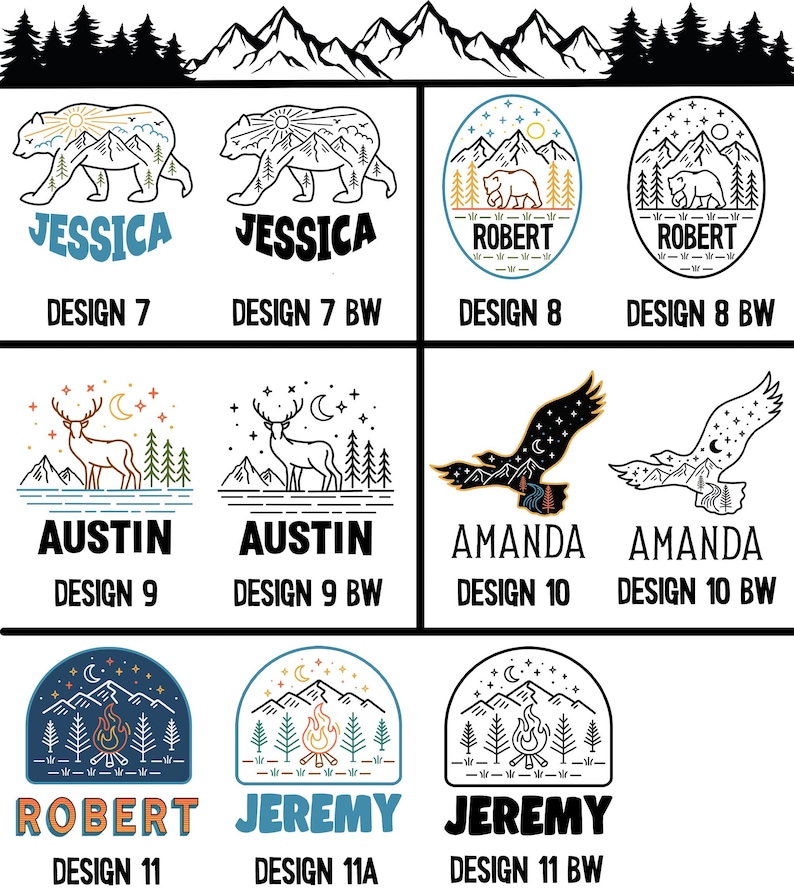 K&ouml;nnte beinhalten: Ein Set mit 11 verschiedenen Designs f&uuml;r ein personalisiertes Logo zum Thema Berge und Natur. Die Designs zeigen einen B&auml;ren, einen Hirsch, einen Adler und ein Lagerfeuer mit Bergen und Sternen im Hintergrund. Die Designs sind in Farbe und Schwarzwei&szlig; erh&auml;ltlich.
