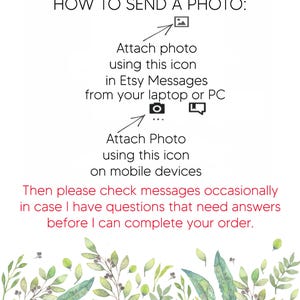 May include: An instructional graphic with black text on a white background titled HOW TO SEND A PHOTO. It displays icons for attaching photos from laptops and mobile devices, followed by a request to check messages for order-related questions.