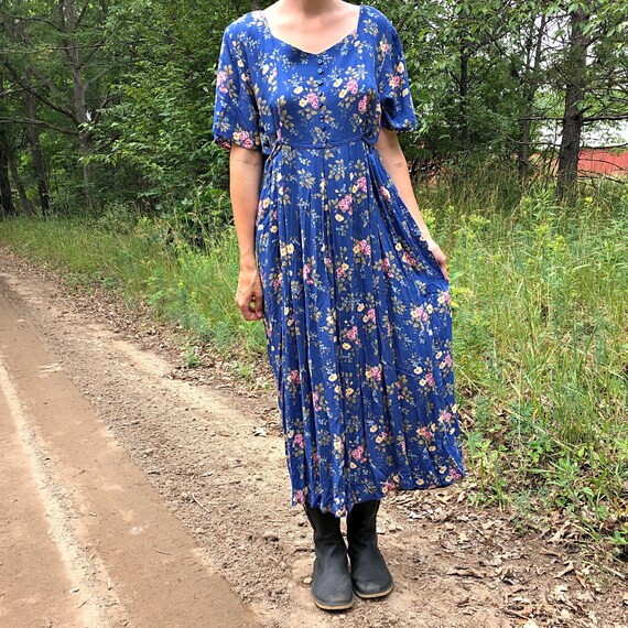 Romantic Floral Royal Blue Vintage Maxi Dress - image 4