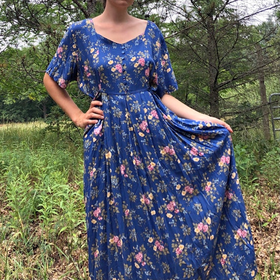 Romantic Floral Royal Blue Vintage Maxi Dress - image 1