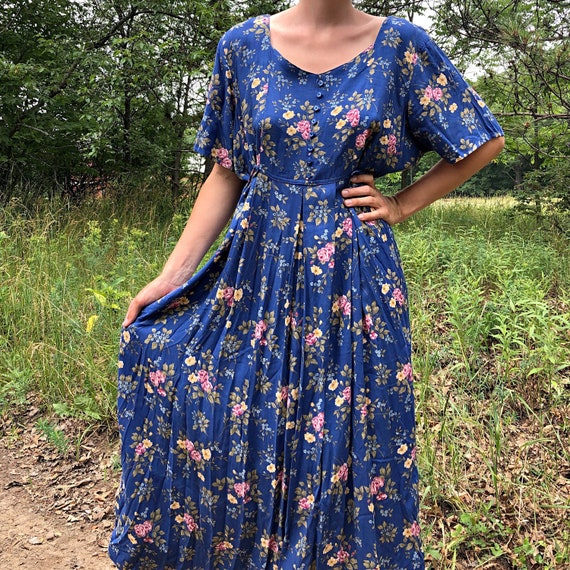 Romantic Floral Royal Blue Vintage Maxi Dress - image 3