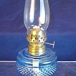 Vintage Tiny Diamond Pattern Blue Glass Miniature Lamp Brass Pedestal Base Oil