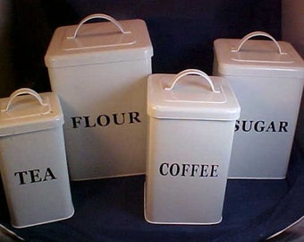 White Enamelware Cannister Set 4 Piece with Lids Flour Sugar Tea Coffee
