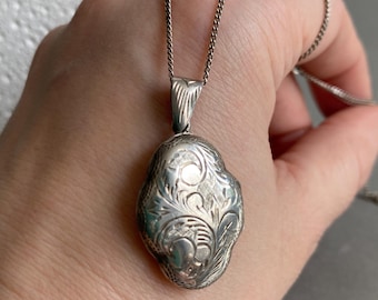 Vintage Silver Locket Necklace, Unusual Shape, Engraved Floral Silver Pendant, Victorian Revival Style