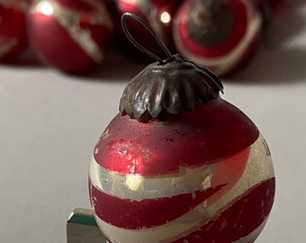 Antique Ruby Red Kugel Christmas Ornament: Victorian Silver Stripe Bauble