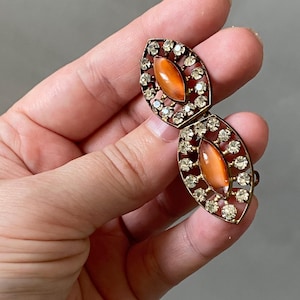 Antique Navette Belt Buckle  the 1920s Gold Tone with faux glass carnelian stone and paste Stones clip metal belt buckle Art Deco Edwardian
