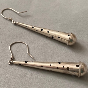 Modernist long vintage silver earrings , artisan handmade drop cylinder cheesy holes dangle earrings; possibly Swiss Devine Zurich 1980s-90s