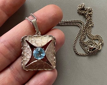 Genuine mid-century gem jewelry: topaz stone vintage silver pendant necklace West Germany, square sculptural pendant, blue topaz birthstone