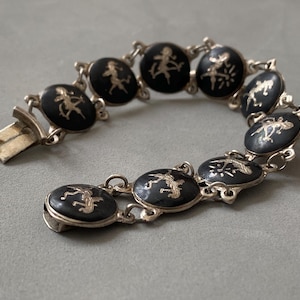Vintage Siam Sterling Silver Black Niello Bracelet: Thai Mythology, 1940s-60s,