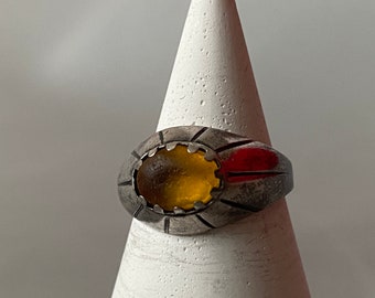 Scandinavian small mid-century silver Ring with Yellow glass stone by COF Carl Ove Frydensberg, J UK 4.75 US, 1960s Scandi silver Denmark;