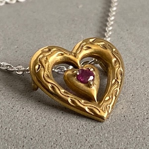 Vintage Heart 1985 Franklin Mint Ruby Pendant Necklace – Gold Plated Silver, Genuine Red  Stone