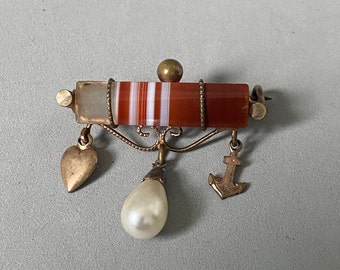 Victorian striped agate gold tone bar brooch with dangling anchor heart and a drop pearl, Hope love and tear Victorian symbols