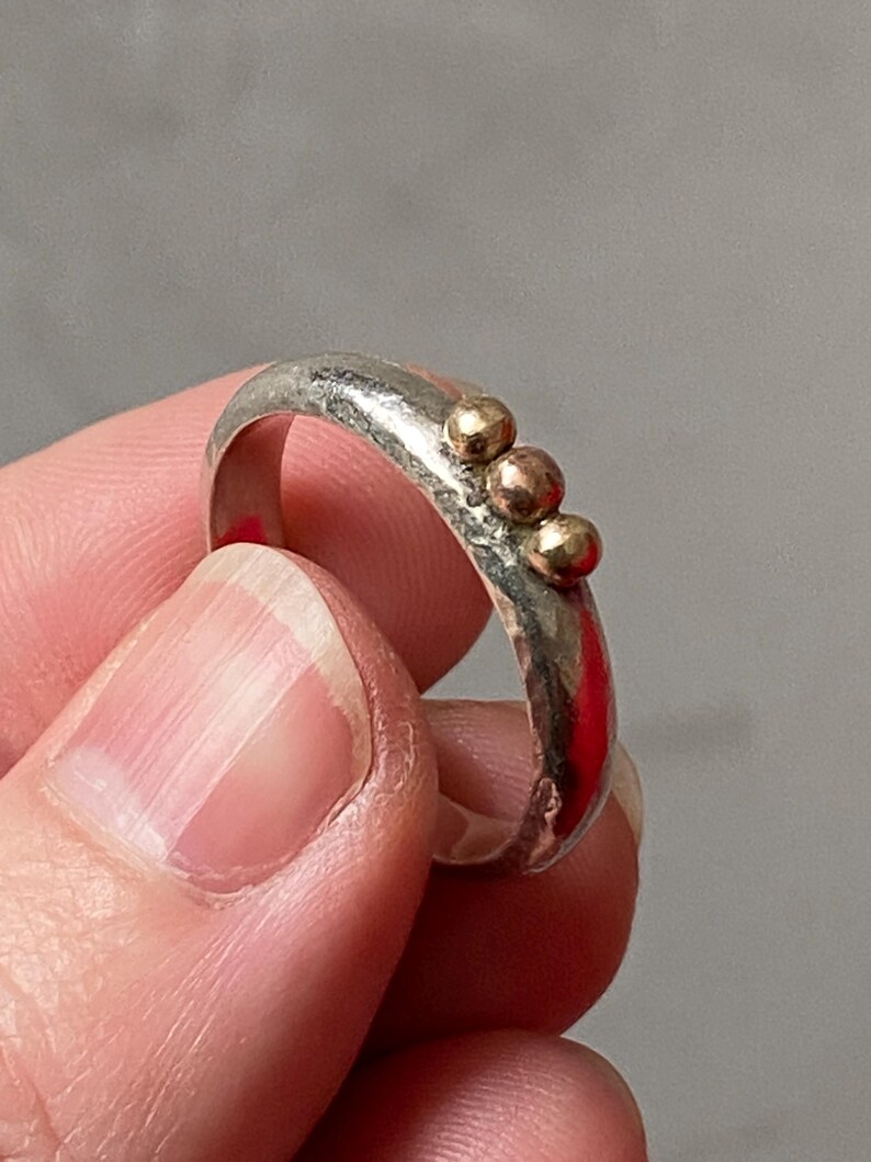 Handmade Silver Ring with Gold-Tone Beads, Minimalist Artisan Band, Mixed Metal Look, Q.5 8.5 image 12