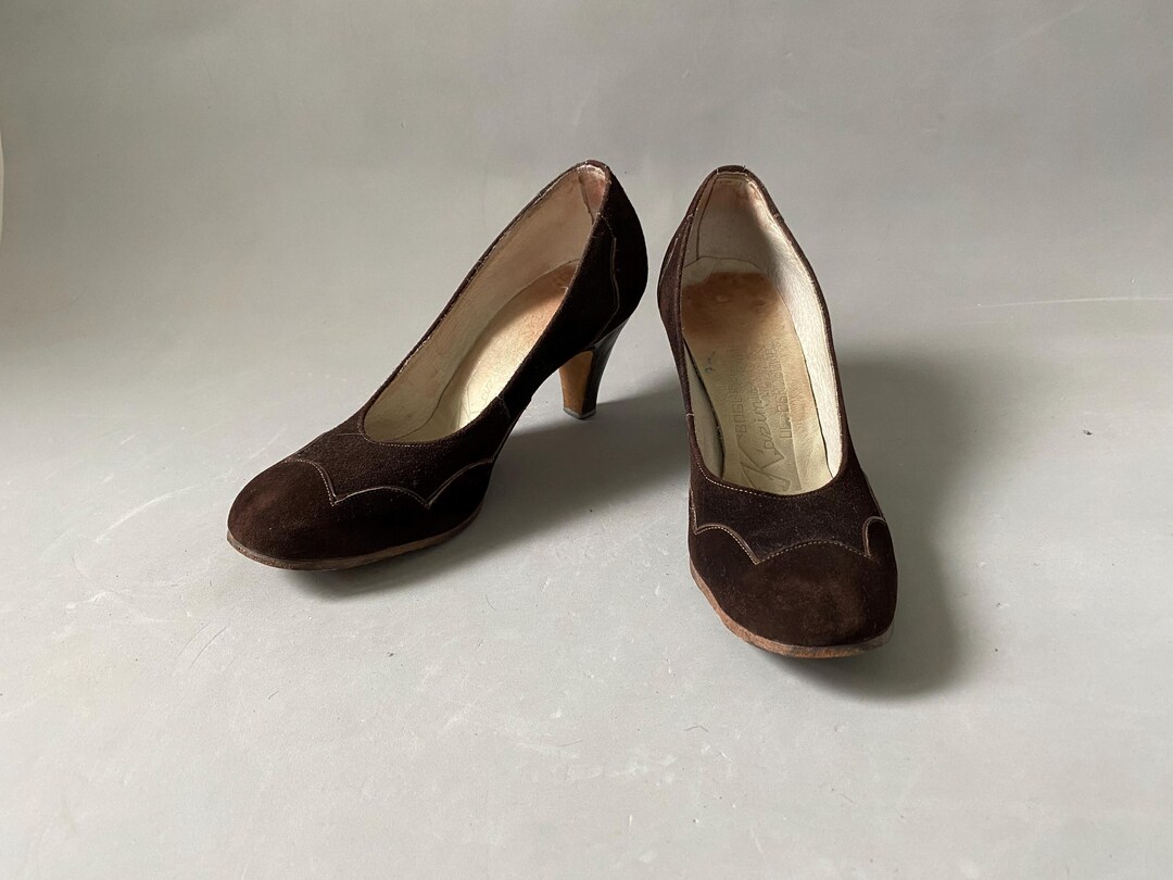 希少 60s~ Vintage Suede Design Heel Shoes Vintage 1960s Fashion Craft Mod Color Block Suede Leather
