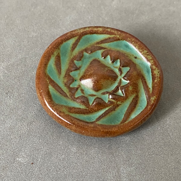 VIntage glazed ceramic crafty brooch, brown and turquoise artisan mid-century 1980s brooch, hand made ceramics jewellery