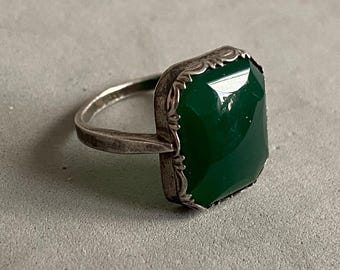 Art Deco Silver 935 Ring Emerald-Green Glass, 1930s European Modernist Vintage Statement, N 6.5 54-14