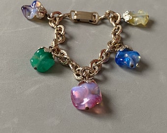 Midcentury vintage large golden curb chain bracelet with colourful gem-like glass charms , multi colour vintage boho charm bracelet