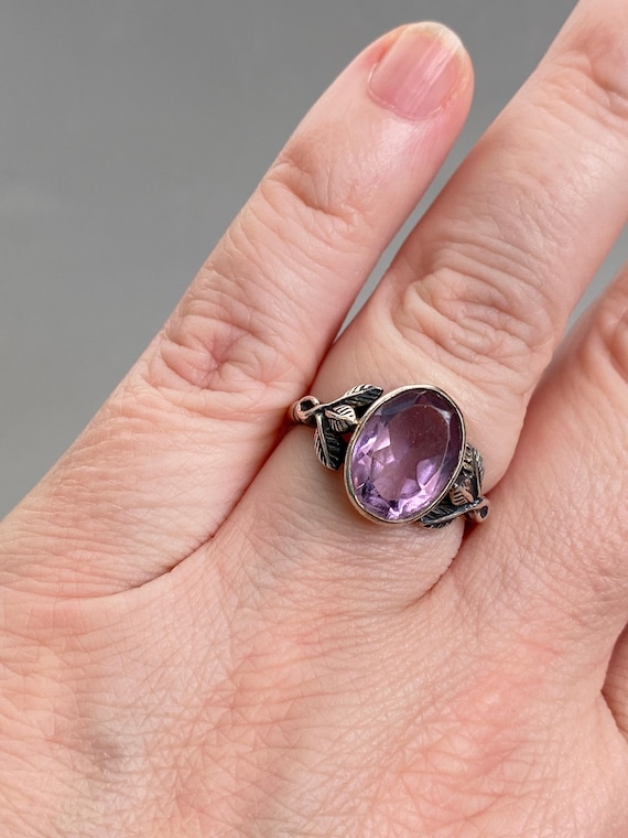 Botanical Amethyst Vintage Silver Ring 925, Large Amethyst, Size P.5, 8 US, 17-57