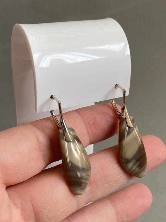 Vintage Polish Striped Flint Earrings, Sterling Silver Leverback, Cappuccino Flint Drop, Rare Stone Poland
