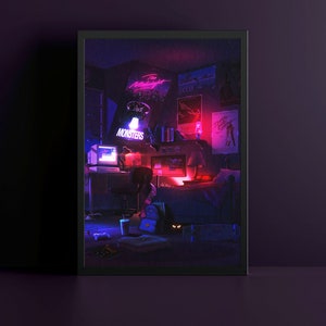 May include: A framed digital art print depicting a retro-style bedroom scene. The room is illuminated with neon lights, featuring a computer, posters, and the text "The Midnight Monsters". The color palette includes shades of purple, blue, and pink.