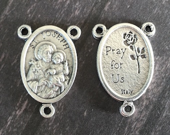 St. Joseph & Infant Jesus Rosary Centerpiece Connector • Catholic Rosary Center Parts and supplies • Year of Saint Joseph • Antiqued Silver