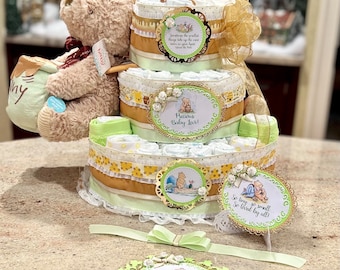 Premium 4 Tier Musical Winnie the Pooh Diaper Cake with 12 inch Stuffed Winny, Pacifiers, Brush/Comb Set, Washcloths, Signs and Cake Topper