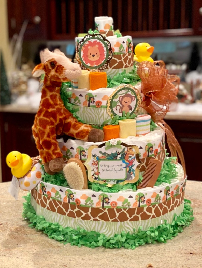 5 Tier Jungle Theme Diaper Cake Zoo Animal Diaper Cake Etsy