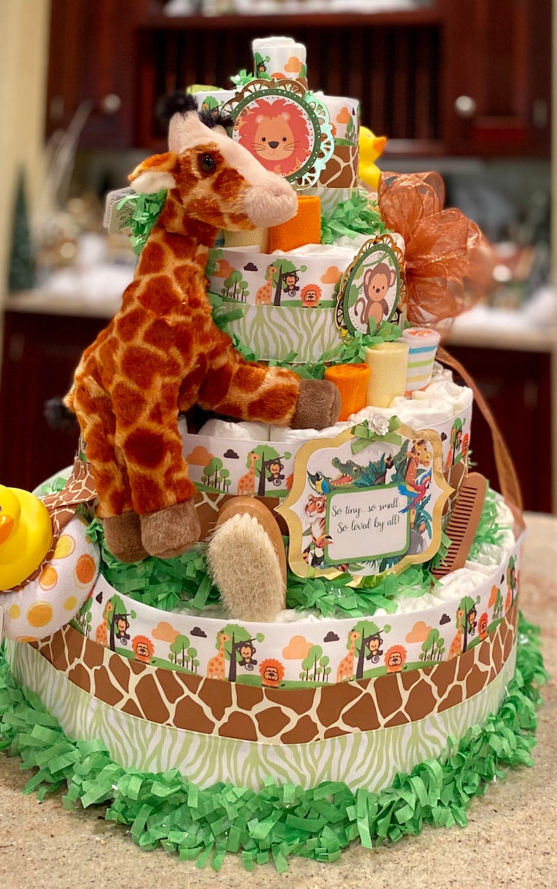 5 Tier Jungle Theme Diaper Cake Zoo Animal Diaper Cake Etsy