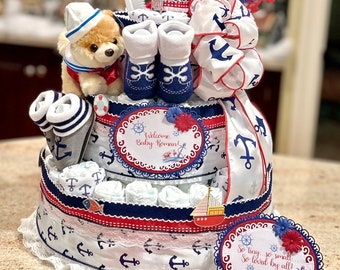 Premium 4 Tier Nautical SailorTheme Diaper Cake With Stuffed Sailor Dog, Brush/Comb, Washcloths, 2 Pair Booties and Matching Cake Topper