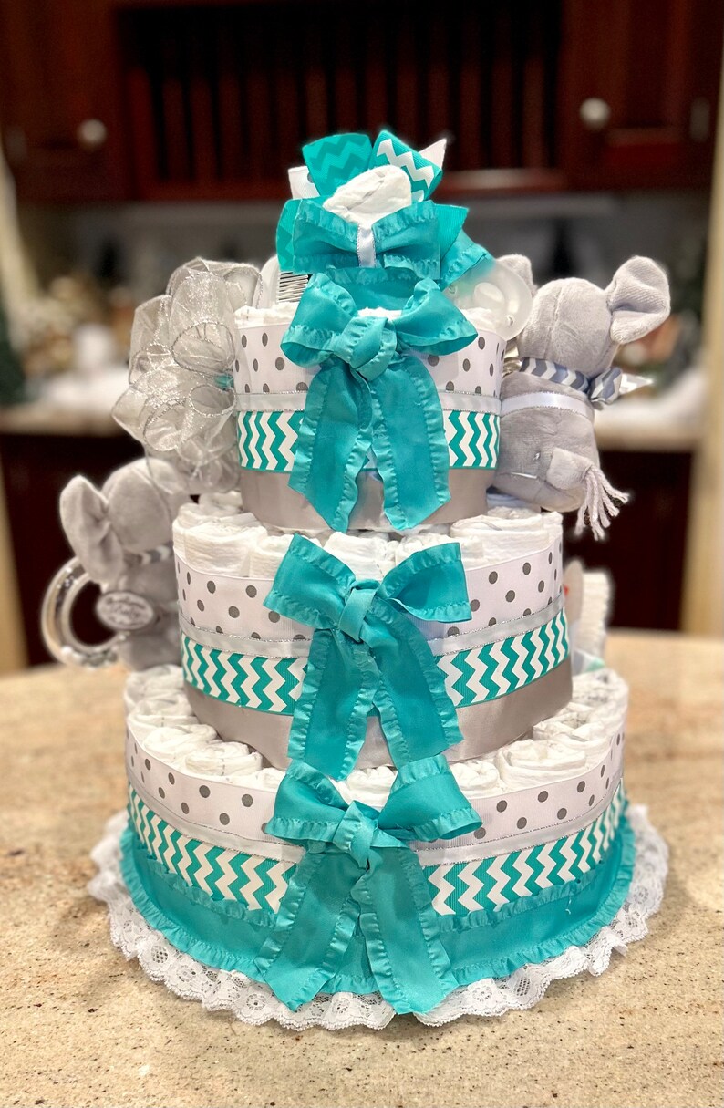 Premium 4 Tier Twins Diaper Cake With 2 Stuffed Elephants Etsy