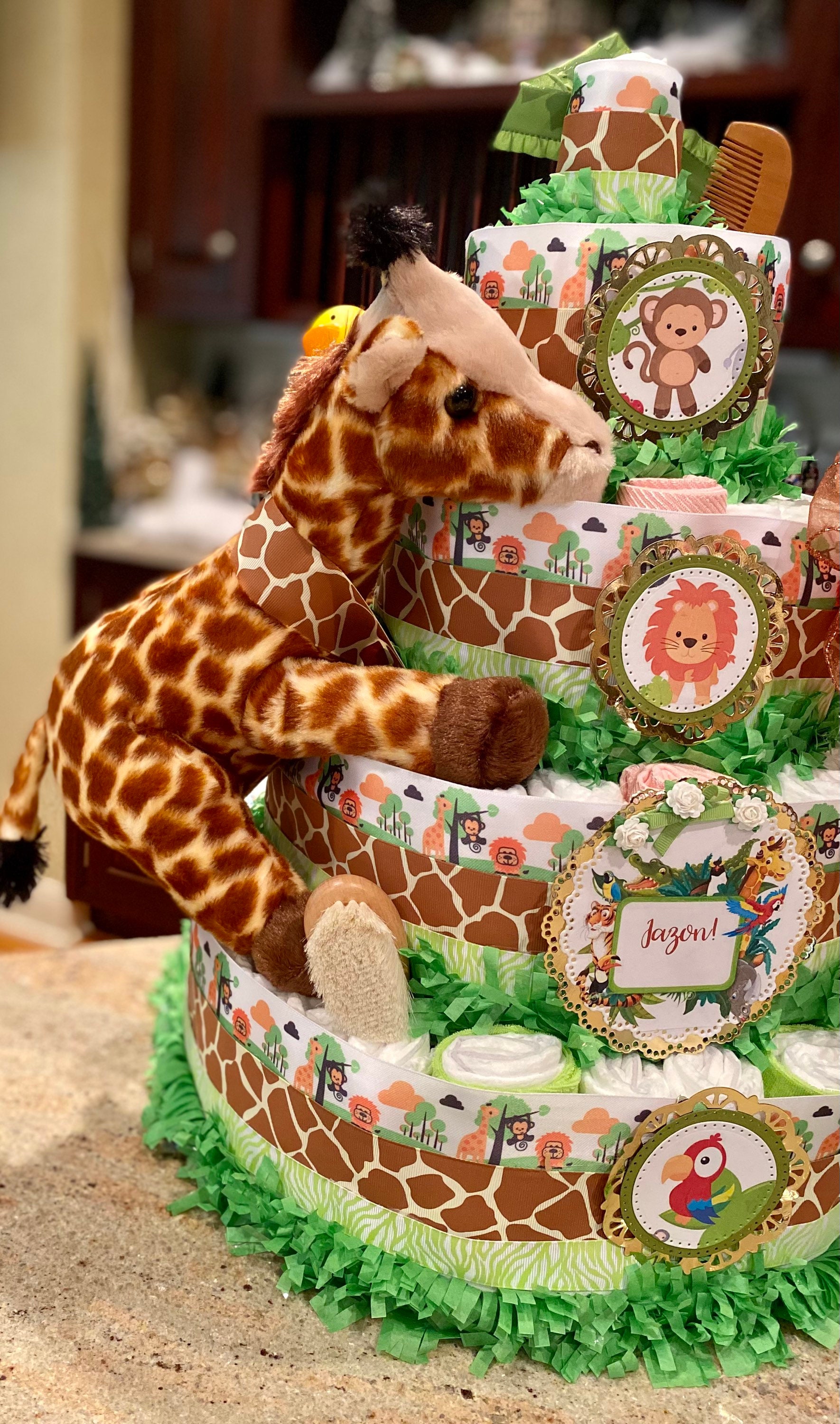 5 Tier Jungle Diaper Cake Safari Diaper Cake Zoo Animal Etsy Canada