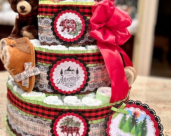 Woodland Adventure Diaper Cake w/Plush Forest Animals, Crib Shoes, Pacifiers, Brush/Comb, Washcloths, Theme Signs, Table Card, Cake Topper
