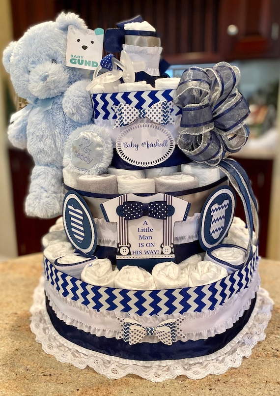 Premium 4 Tier Little Man Diaper Cake With Stuffed Bear Brush