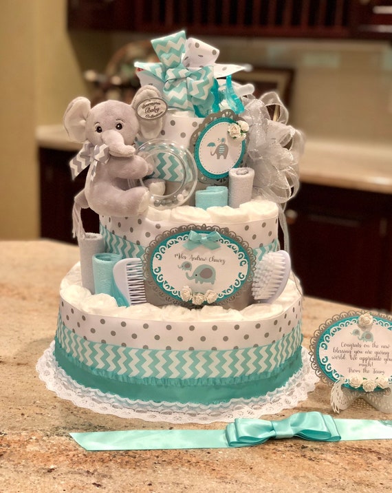 4 Tier Elephant Diaper Cake Baby Boy Diaper Cake Baby Girl Etsy