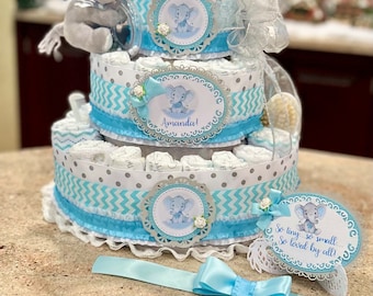 Premium 4 Tier Elephant Diaper Cake, Blue Theme With Stuffed Elephant, Pacifiers, Brush/Comb Set, Washcloths, and Cake Topper