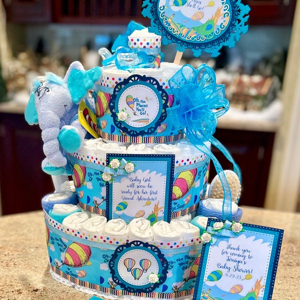 Premium 4 Tier Dr. Seuss Diaper Cake With Stuffed Horton, Pacifiers, Brush/Comb Set, Washcloths, Decorative Signs and Cake Topper