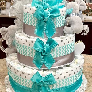 Twins Diaper Cake w/2 Elephant RingRattles, Pacifiers, Brush/Comb, Washcloths, Theme Signs, Table Card, Cake Topper, Choice of Color, 4Tiers image 3