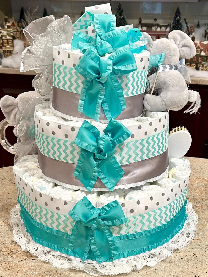 Twins Diaper Cake w/2 Elephant RingRattles, Pacifiers, Brush/Comb, Washcloths, Theme Signs, Table Card, Cake Topper, Choice of Color, 4Tiers image 3