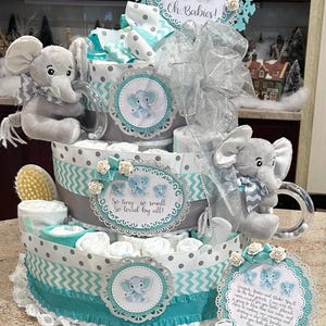 Twins Diaper Cake w/2 Elephant RingRattles, Pacifiers, Brush/Comb, Washcloths, Theme Signs, Table Card, Cake Topper, Choice of Color, 4Tiers image 1