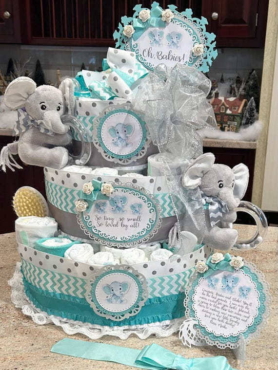 Twins Diaper Cake w/2 Elephant RingRattles, Pacifiers, Brush/Comb, Washcloths, Theme Signs, Table Card, Cake Topper, Choice of Color, 4Tiers