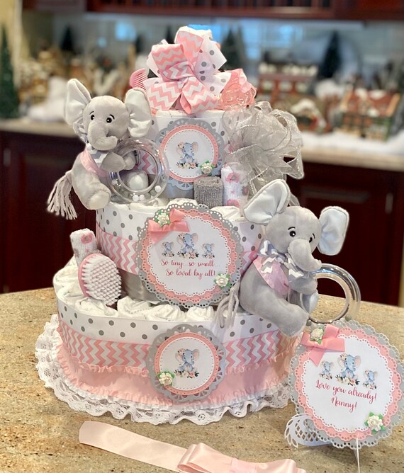 Premium 4 Tier Pink Twins Diaper Cake With 2 Stuffed Elephants