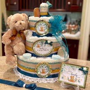 Premium 4Tier We Can Bearly Wait Diaper Cake, w/Plush  Bear, Pacifiers, Brush/Comb, Washcloths, Theme Signs,Cake Topper, Choice of 3 Colors
