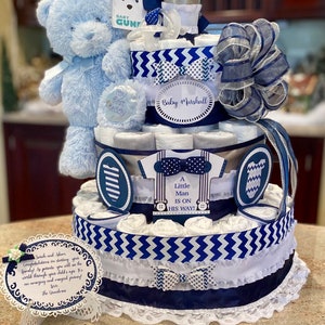 Premium Tier Little Man Diaper Cake With Stuffed Bear, Brush