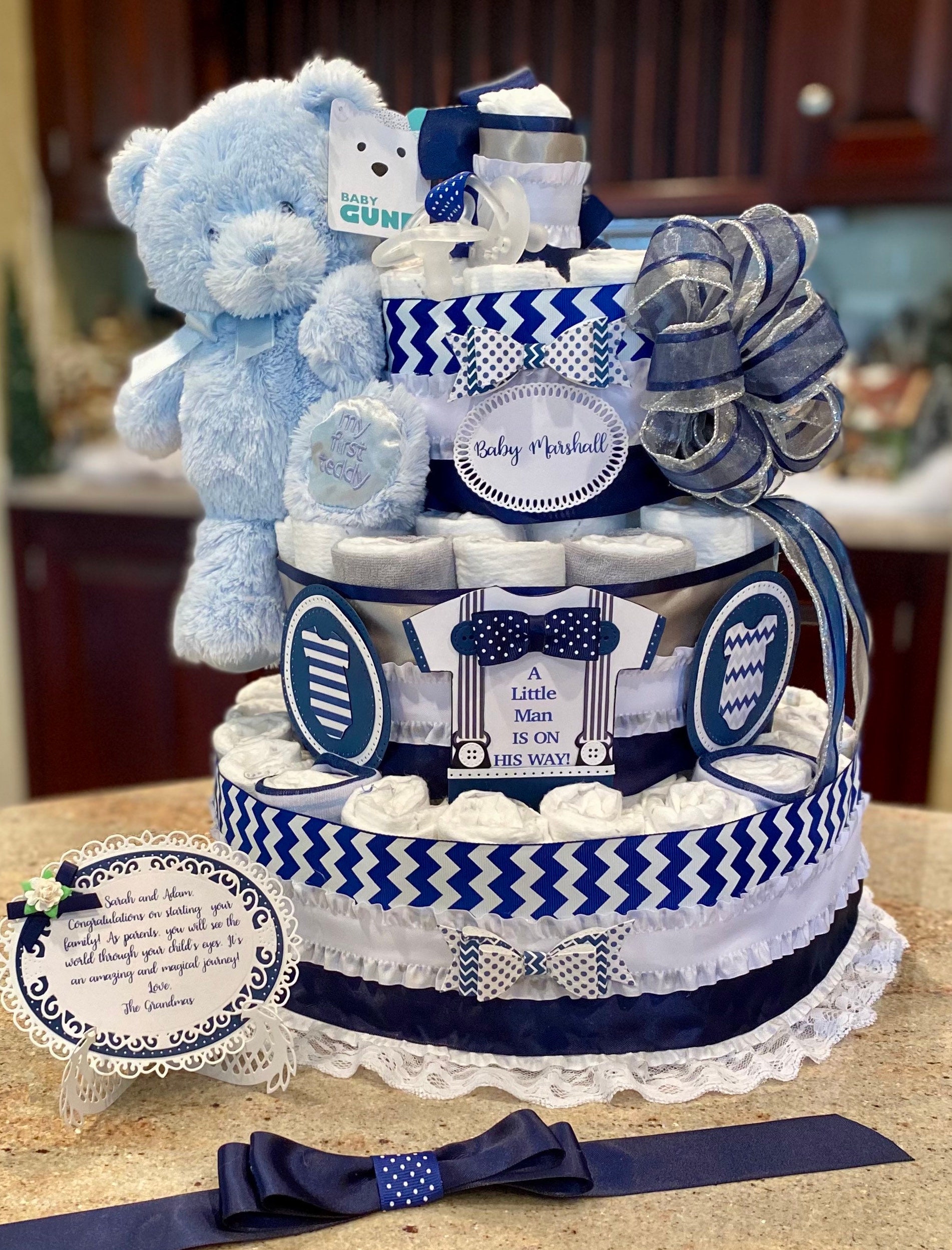 Premium Tier Little Man Diaper Cake With Stuffed Bear, Brush