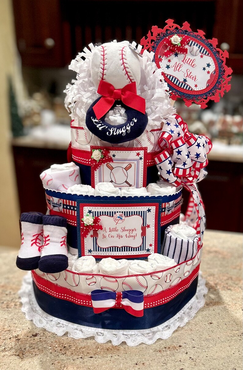 Premium 4 Tier Baseball Diaper Cake With Stuffed Ring Rattle BrushComb Baseball Booties Washcloths With Matching Signs and