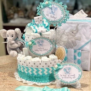 Premium 3 Tier Teal Elephant Diaper Cake, Includes Stuffed Animal, Pacifiers, Brush and Comb Set, Washcloths/Towel Set and Cake Topper