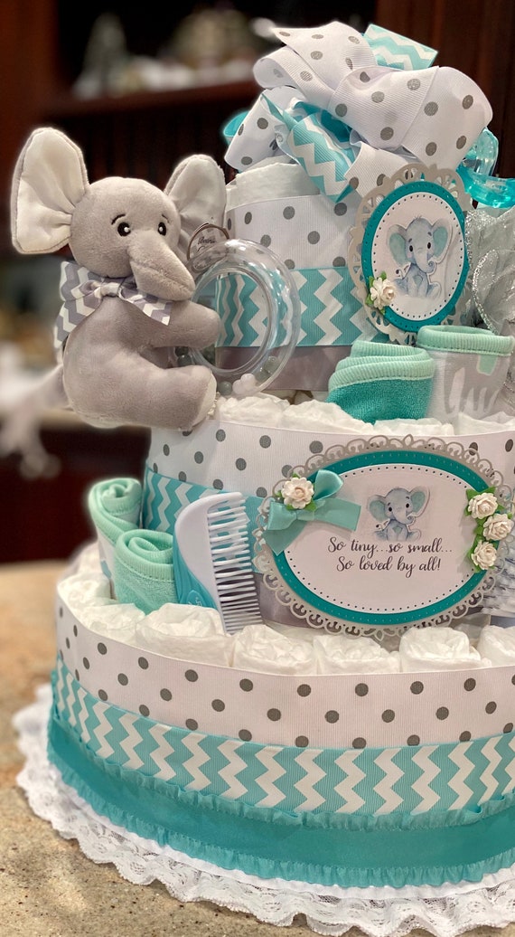 4 Tier Diaper Cake Teal Elephant Diaper Cake Baby Boy Diaper Etsy