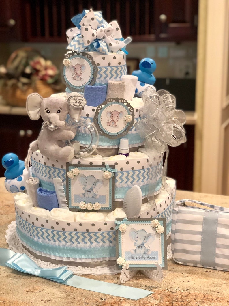 5 Tier Blue Elephant Diaper Cake Baby Shower Centerpiece Etsy